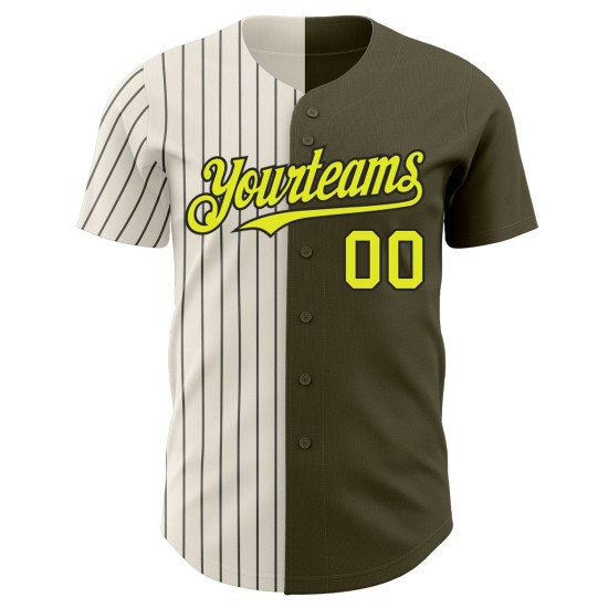 Pinstripe Neon Fashion Salute Yellow Baseball Split To Authentic Olive Custom Service Cream-Black Jersey Pinstripe Neon Fashion Salute Yellow Baseball Split To Authentic Olive Custom Service Cream-Black Jersey