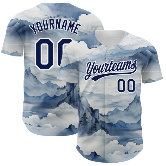 Custom Baseball Navy White Authentic Pattern Jersey Mountains 3D Design Landscape Custom Baseball Navy White Authentic Pattern Jersey Mountains 3D Design Landscape
