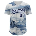 Custom Baseball Navy White Authentic Pattern Jersey Mountains 3D Design Landscape Custom Baseball Navy White Authentic Pattern Jersey Mountains 3D Design Landscape