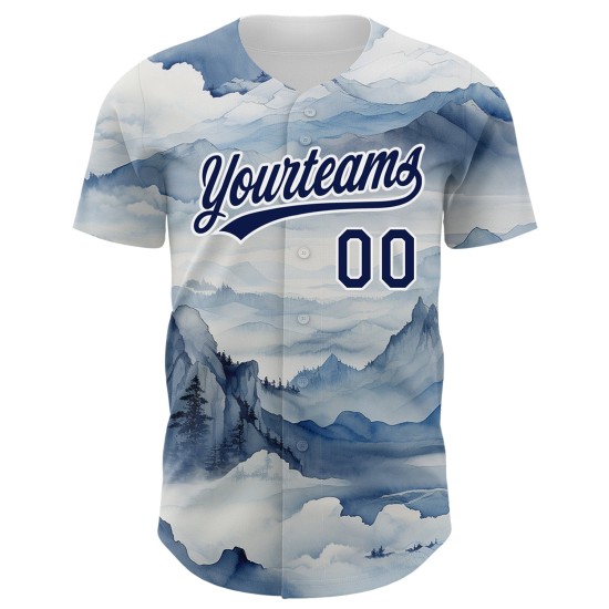 Custom Baseball Navy White Authentic Pattern Jersey Mountains 3D Design Landscape Custom Baseball Navy White Authentic Pattern Jersey Mountains 3D Design Landscape