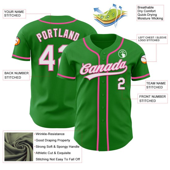 White-Pink Custom Authentic Jersey Baseball Grass Green White-Pink Custom Authentic Jersey Baseball Grass Green