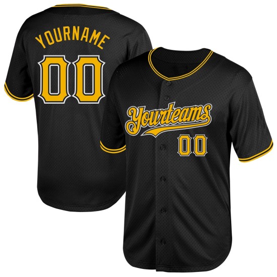 Black Baseball Mesh Authentic Jersey Custom Throwback Gold-White Black Baseball Mesh Authentic Jersey Custom Throwback Gold-White