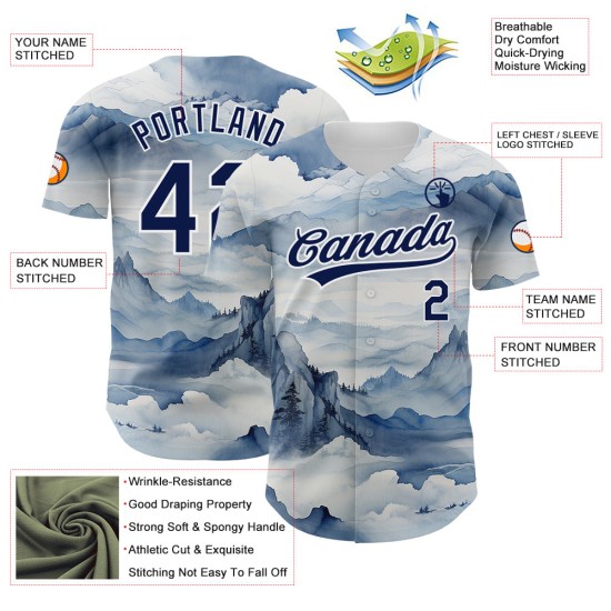 Custom Baseball Navy White Authentic Pattern Jersey Mountains 3D Design Landscape Custom Baseball Navy White Authentic Pattern Jersey Mountains 3D Design Landscape