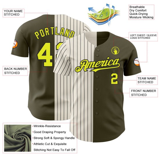 Pinstripe Neon Fashion Salute Yellow Baseball Split To Authentic Olive Custom Service Cream-Black Jersey Pinstripe Neon Fashion Salute Yellow Baseball Split To Authentic Olive Custom Service Cream-Black Jersey
