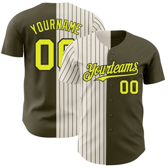 Pinstripe Neon Fashion Salute Yellow Baseball Split To Authentic Olive Custom Service Cream-Black Jersey Pinstripe Neon Fashion Salute Yellow Baseball Split To Authentic Olive Custom Service Cream-Black Jersey