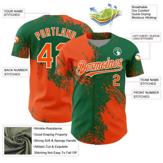 Brush Abstract Design Custom Orange Green-White Authentic Jersey Baseball 3D Stroke Pattern Kelly Brush Abstract Design Custom Orange Green-White Authentic Jersey Baseball 3D Stroke Pattern Kelly