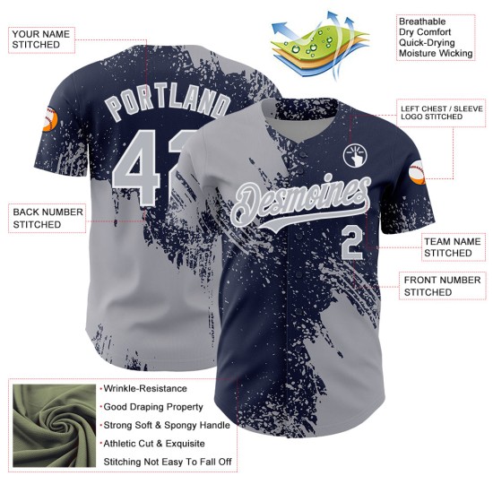 Navy-White Stroke Brush Abstract Baseball Jersey Authentic Pattern Custom Design 3D Gray Navy-White Stroke Brush Abstract Baseball Jersey Authentic Pattern Custom Design 3D Gray