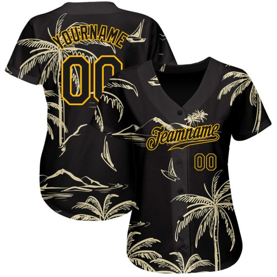 Custom Black Gold 3D Pattern Design Hawaii Palm Trees Island And Sailboat Authentic Baseball Jersey Custom Black Gold 3D Pattern Design Hawaii Palm Trees Island And Sailboat Authentic Baseball Jersey