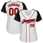 Custom White Black Pinstripe Red-Black Authentic Raglan Sleeves Baseball Jersey Custom White Black Pinstripe Red-Black Authentic Raglan Sleeves Baseball Jersey