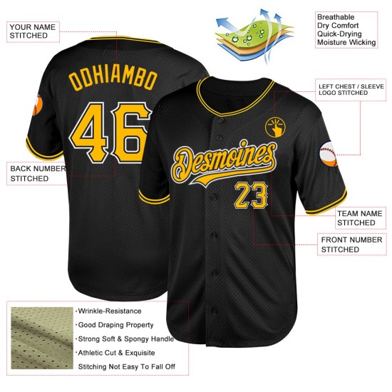 Black Baseball Mesh Authentic Jersey Custom Throwback Gold-White Black Baseball Mesh Authentic Jersey Custom Throwback Gold-White