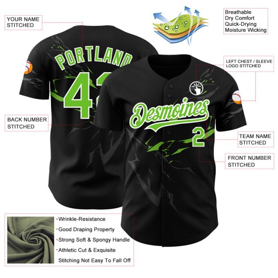 3D Neon Authentic Lightning Baseball Pattern Black Custom Green-White Jersey Design 3D Neon Authentic Lightning Baseball Pattern Black Custom Green-White Jersey Design
