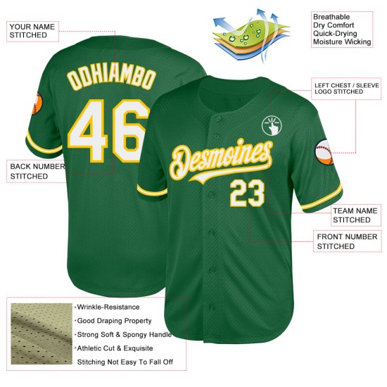 White-Yellow Jersey Kelly Green Mesh Throwback Authentic Baseball Custom White-Yellow Jersey Kelly Green Mesh Throwback Authentic Baseball Custom