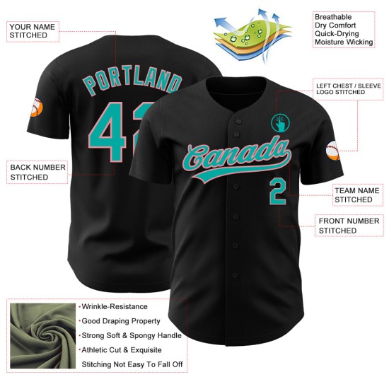 Black Authentic Baseball Aqua-Medium Jersey Pink Custom Black Authentic Baseball Aqua-Medium Jersey Pink Custom