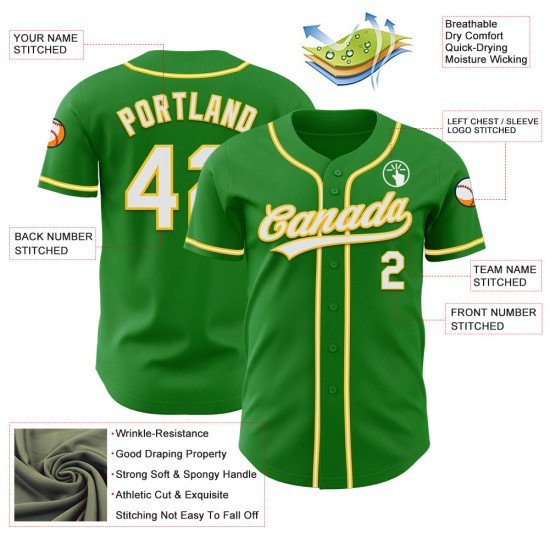 Custom Baseball Grass White-Yellow Jersey Authentic Green Custom Baseball Grass White-Yellow Jersey Authentic Green