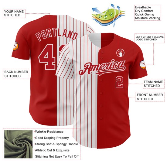 Authentic Fashion Jersey Split Custom Baseball Pinstripe White-Red Red Authentic Fashion Jersey Split Custom Baseball Pinstripe White-Red Red